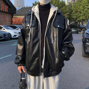1014-PY986假两件棉衣男冬季韩版宽松PU皮百搭连帽棉服P148-限178图片