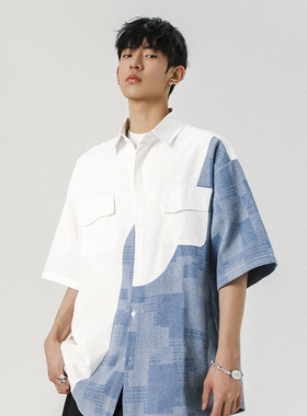 现货1014~CS07~P48限68~2025夏季新款拼色五分袖寸衫夏季男士衬衫