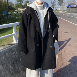 现货1014-FY618-假两件毛呢连帽大衣外套男冬季新款加棉加厚外套图片