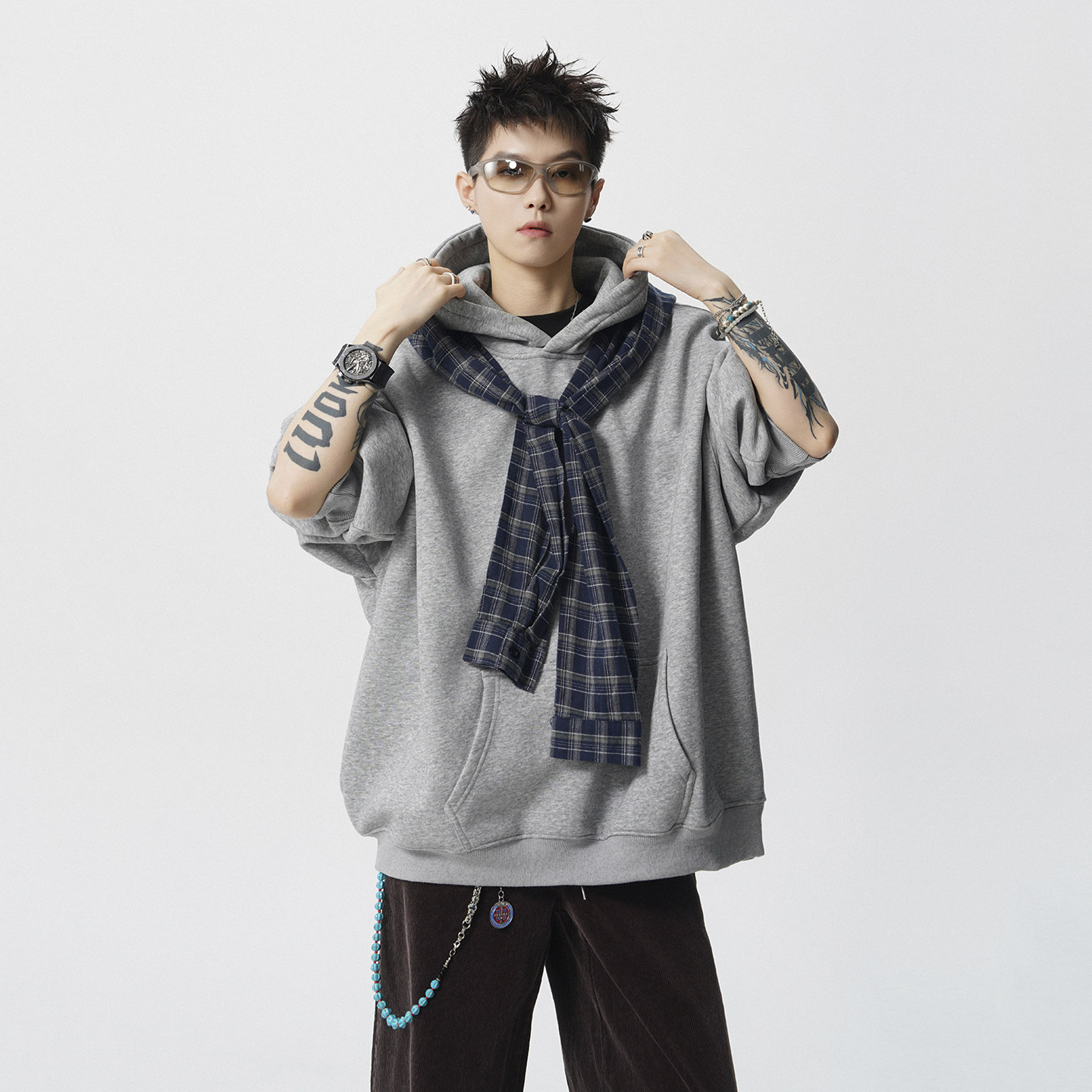 现货1014-WY07-P78-美式可拆卸假两件格子披肩卫衣男秋季新款,男装卫衣,星座1014