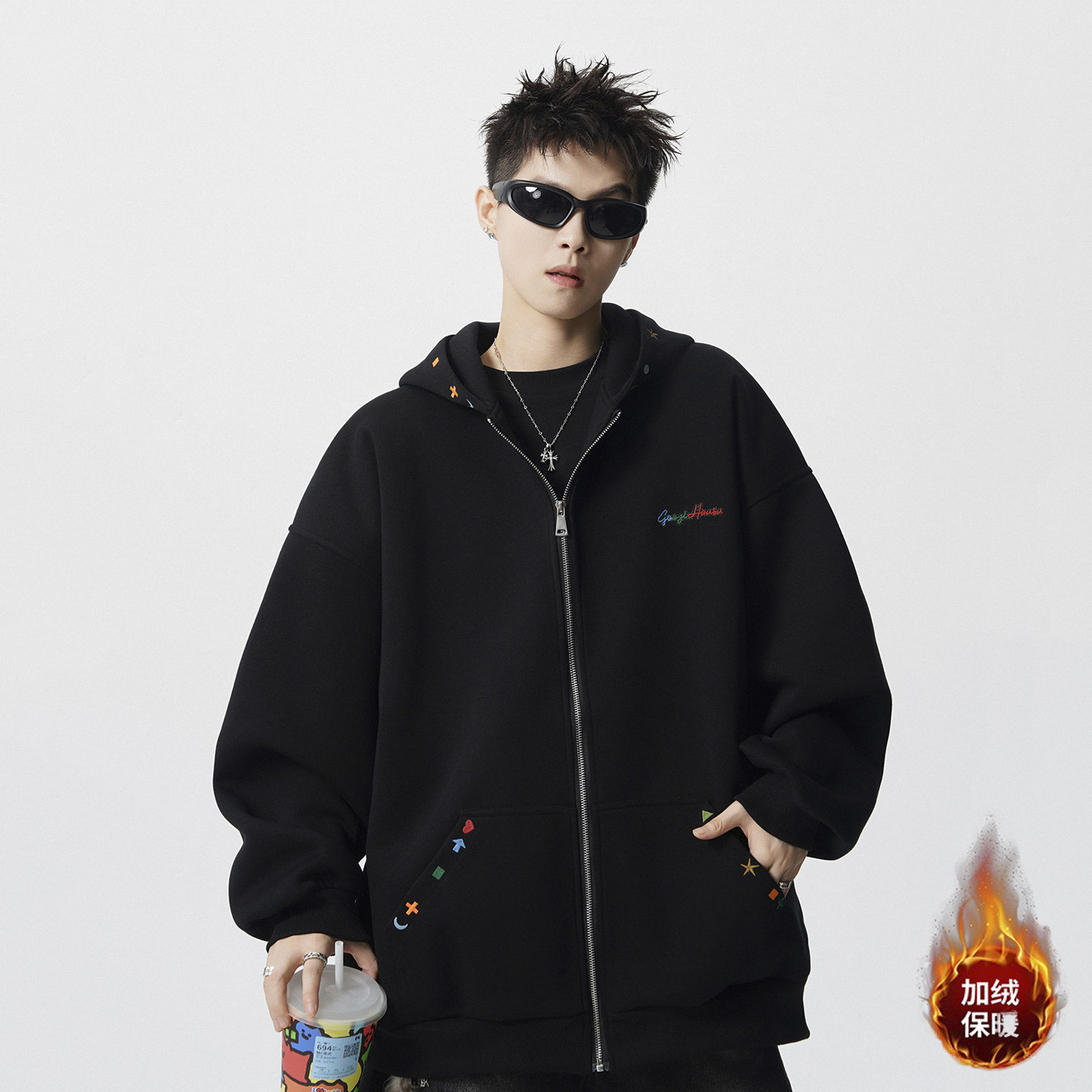 现货1014-WY03-P85重磅字母刺绣开衫加绒连帽卫衣男秋冬季,男装卫衣,星座1014