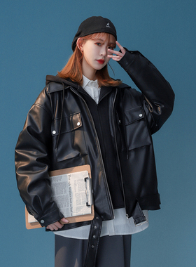 现货1014-PY876-P148 秋冬款夹棉假两件皮衣男女黑色皮夹克外套