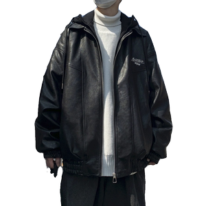 现货1014-PY987棉服男款冬季假两件连帽皮衣外套男士pu皮棉衣图片