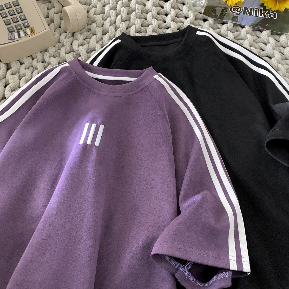 现货1014-TT605-特P38-限58-刺绣重磅三杠条纹拼接短袖T恤男,男装T恤,星座1014