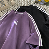 现货1014-TT605-特P38-限58-刺绣重磅三杠条纹拼接短袖T恤男，男装T恤，星座1014