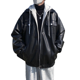 1014-PY986假两件棉衣男冬季韩版宽松PU皮百搭连帽棉服P148-限178，男装棉衣，星座1014