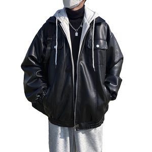 1014-PY986假两件棉衣男冬季韩版宽松PU皮百搭连帽棉服P148-限178图片