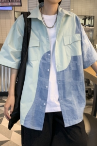 wassup happy日系短袖衬衫男夏季薄款宽松翻领拼接衬衣服休闲外套图片