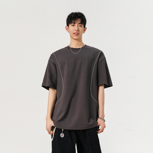 现货1014-TT398-P48-限68~2025夏季新款美式重磅拼接t恤男图片