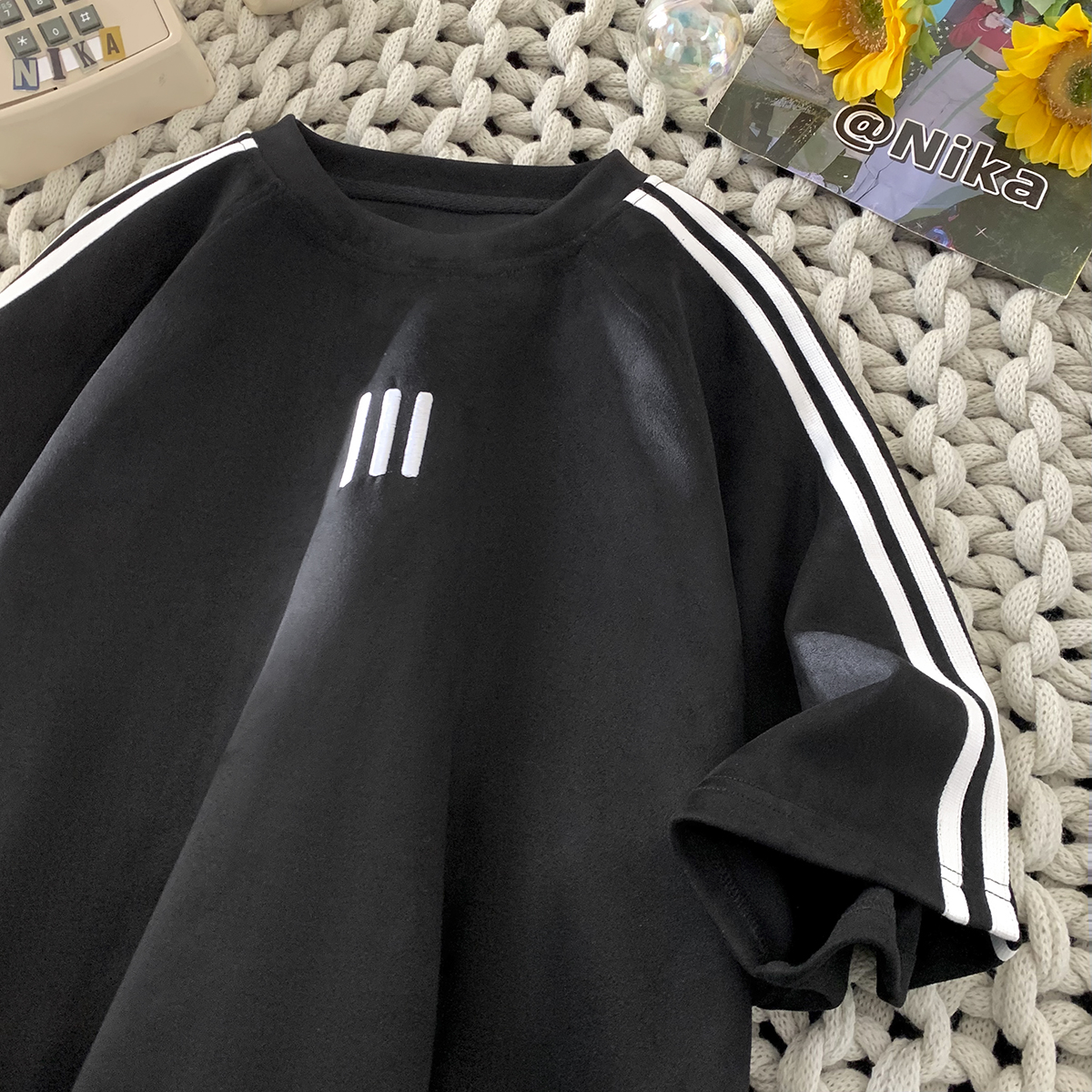 现货1014-TT605-P38-2025夏季新款刺绣重磅三杠条纹拼接短袖T恤男，男装T恤，星座1014