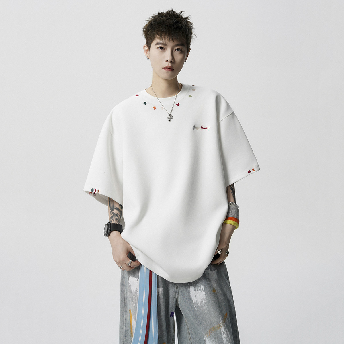 现货1014-T408-P48-重磅刺绣短袖T恤男夏季美式宽松男,男装T恤,星座1014