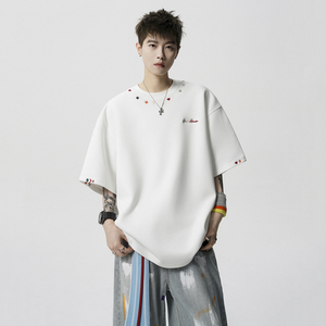 现货1014-T408-P48-重磅刺绣短袖T恤男夏季美式宽松男图片