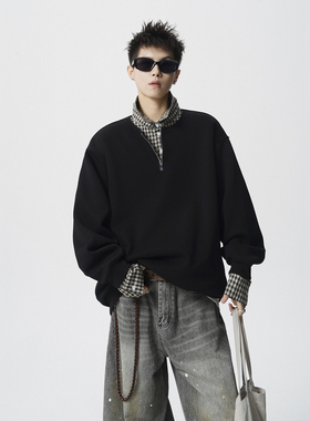 1014-WY3708-特P58~美式拉链设计复古格子polo领卫衣男