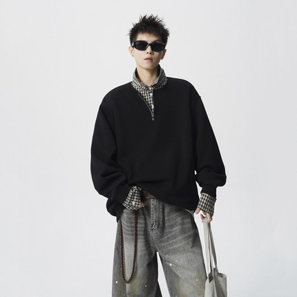 1014-WY3708-特P58~美式拉链设计复古格子polo领卫衣男