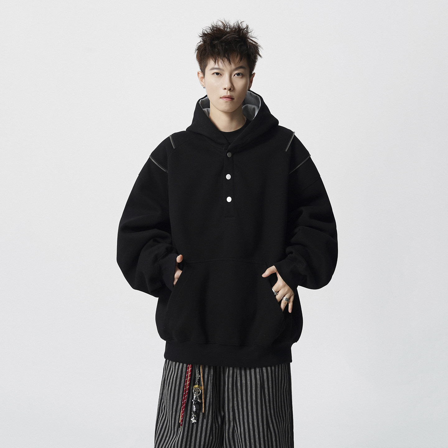 现货1014-WY375-特批68美式半开领按扣卫衣男秋季撞色拉链连帽衫,男装卫衣,星座1014
