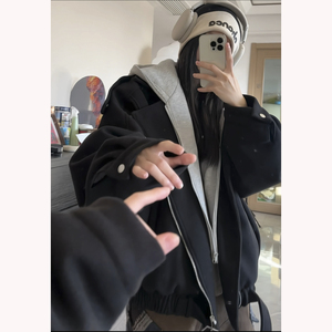 现货大货1014-FY823-P138美式假两件可拆卸连帽毛呢短款夹棉外套，女装短外套，星座1014