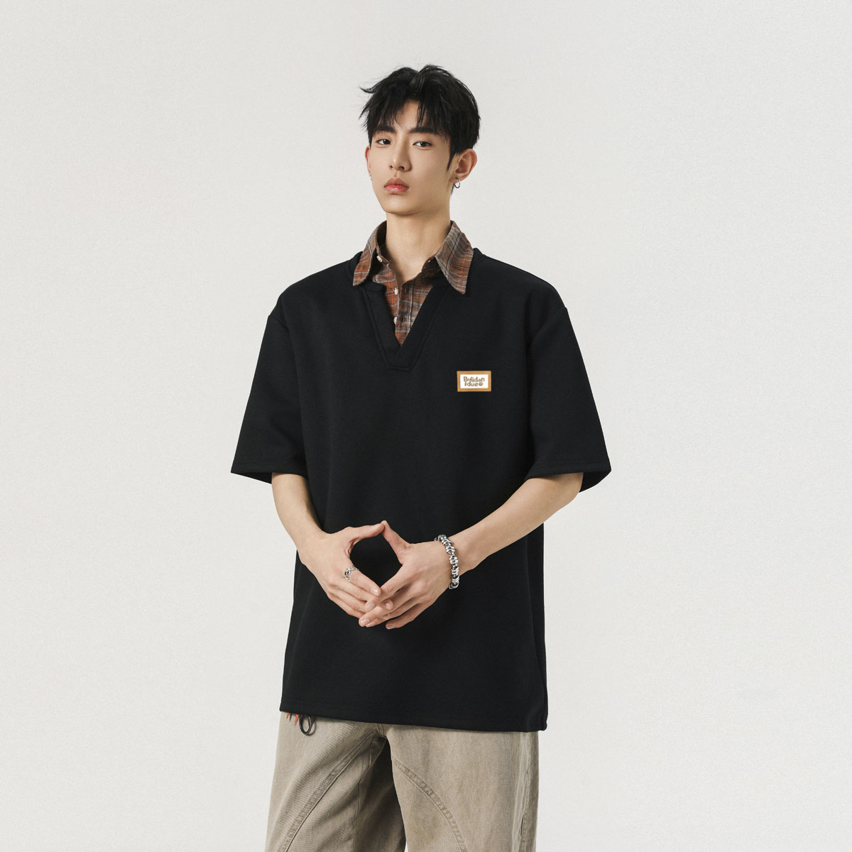 现货1014-TT291-P49学院风格子拼接假两件短袖衬衫领polo上衣,男装Polo衫,星座1014