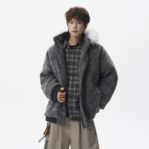 1014-FY929-P138~座山雕毛领连帽休闲毛呢拼接秋冬棉服外套图片