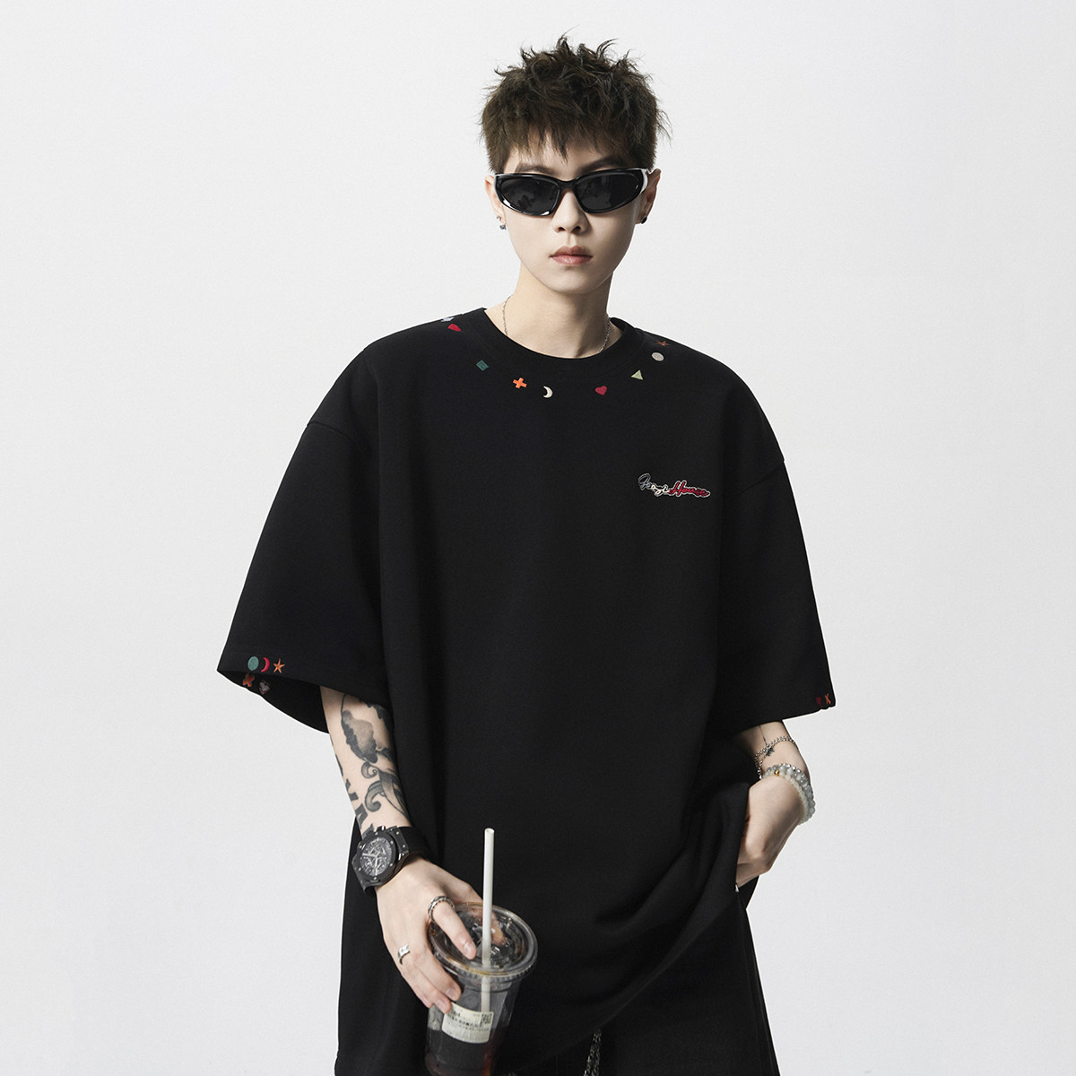 现货1014-T408-P48-重磅刺绣短袖T恤男夏季美式宽松男,男装T恤,星座1014