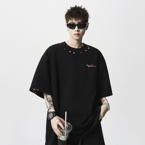 现货1014-T408-P48-重磅刺绣短袖T恤男夏季美式宽松男图片