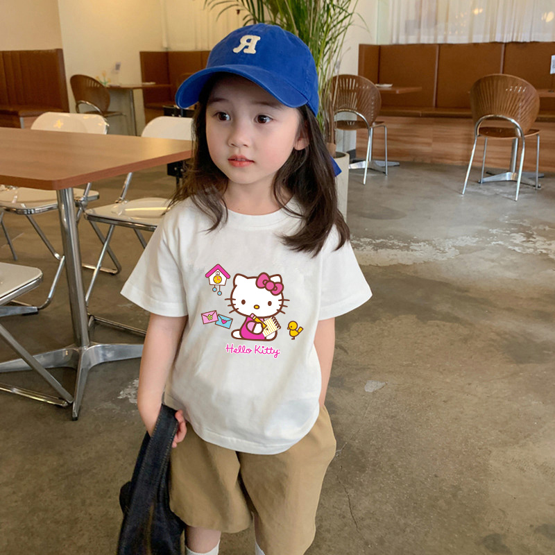 儿童卡通kitty猫纯棉短袖T恤夏季宽松女孩白色吸汗上衣童装体恤衫