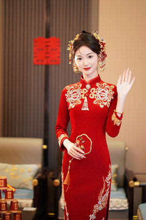 新中式旗袍敬酒服新娘女秀禾服秋冬季长袖红色订婚礼服裙加绒保暖
