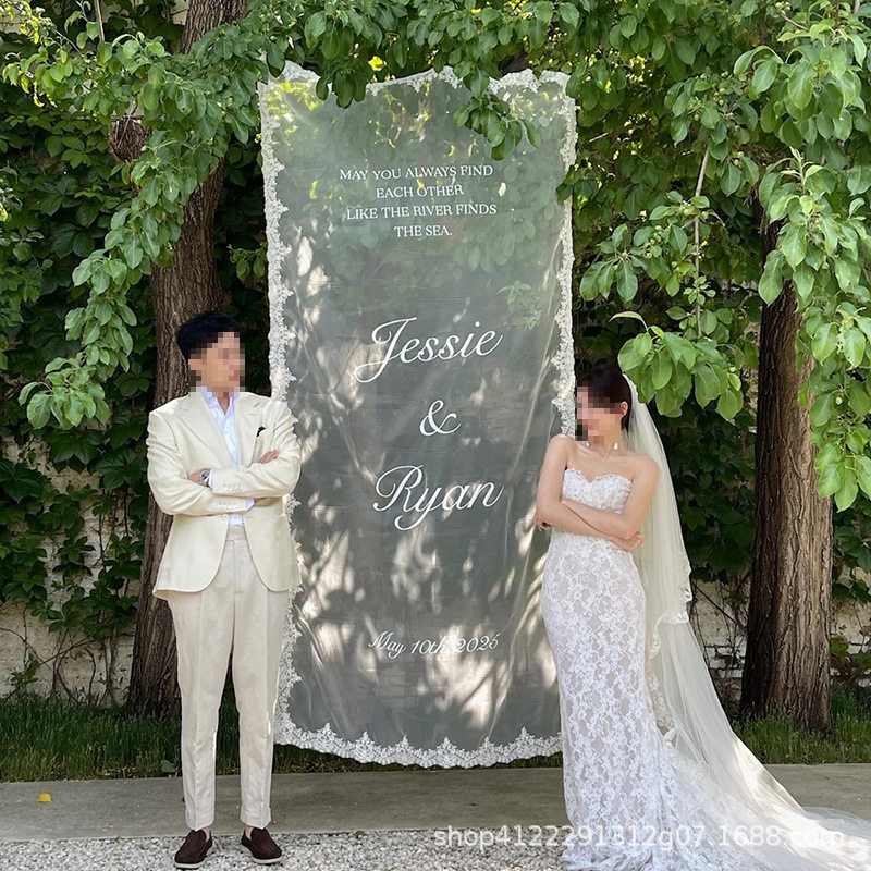 白色蕾丝花边迎宾牌生日绣字婚纱摄影背景道具婚庆装饰挂布艺布置