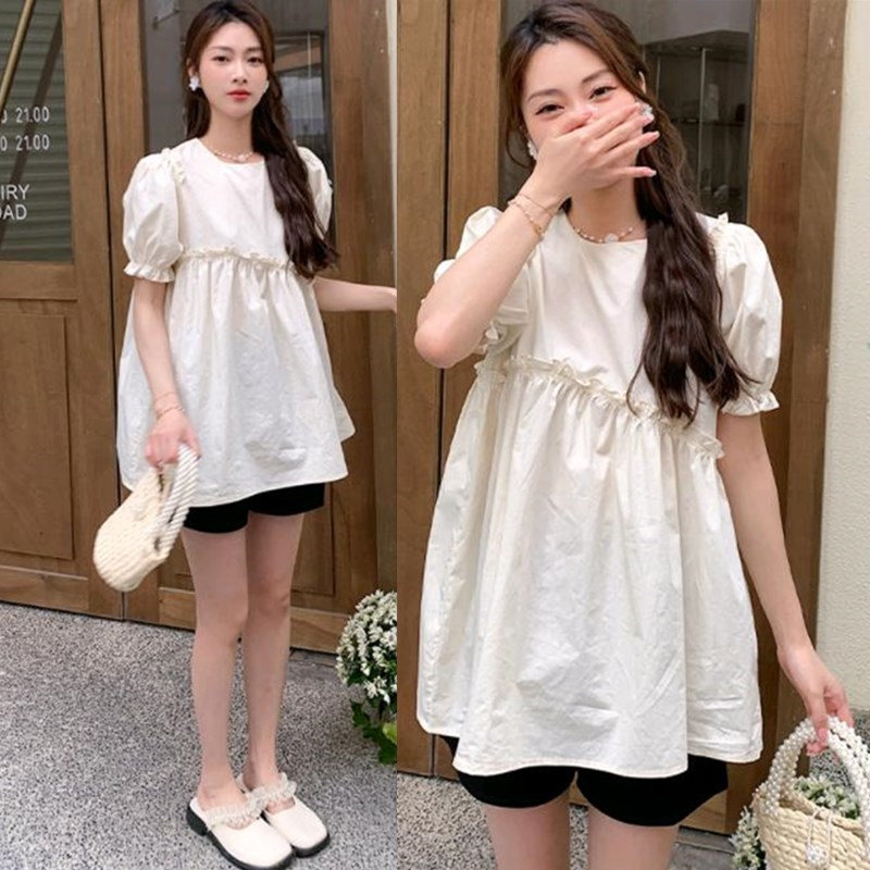 출산 셔츠 여름 느슨한 유행  인형 셔츠 멋쟁이 연령 감소 유행 엄마 반팔 반바지 얇은 투피스 세트