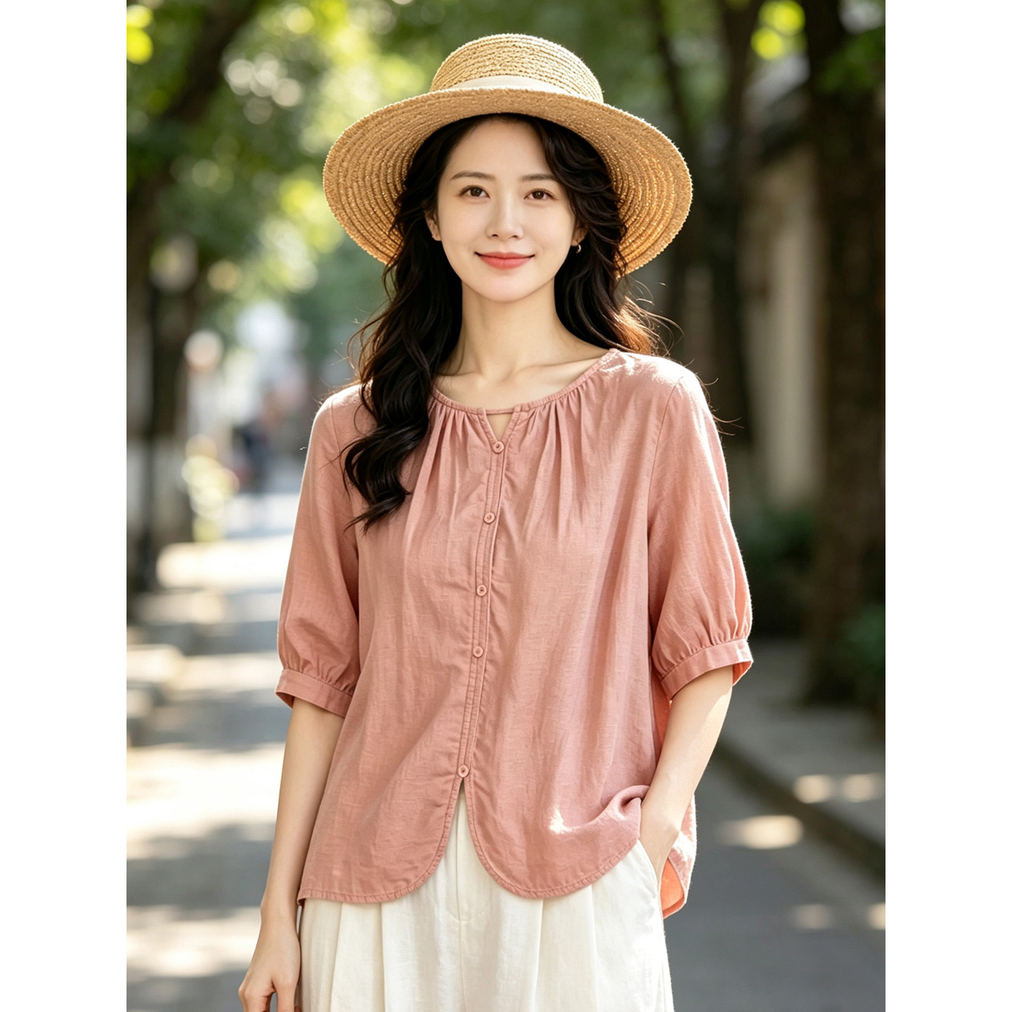夏季文艺复古纯棉褶皱宽松女上衣