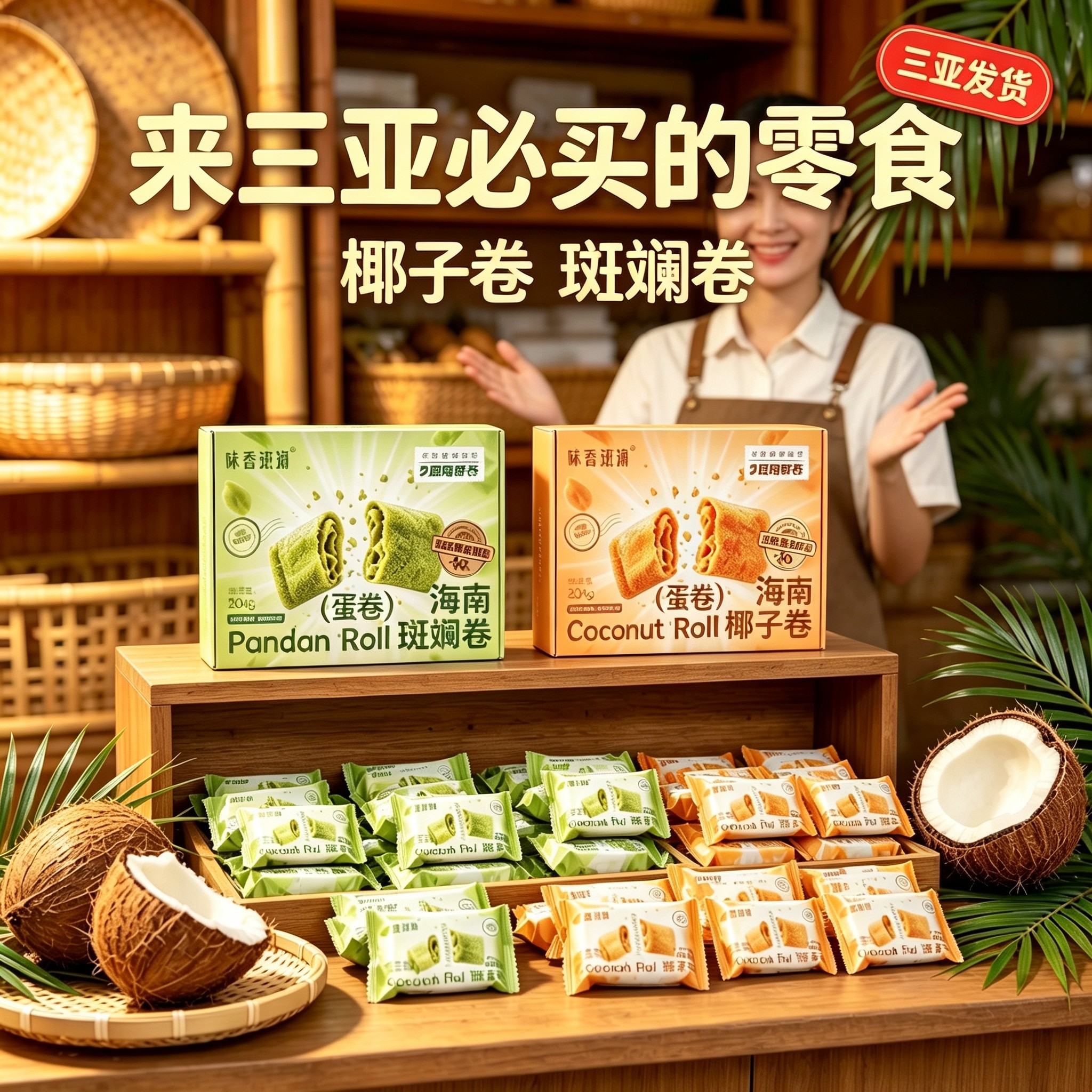 海南斑斓卷204gX3盒蛋卷饼干零食独立小包装粽香斑斓海南椰子卷