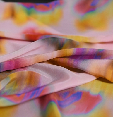 晕染朝霞 大牌订单水彩画真丝双绉14姆100丝138宽 设计师布料