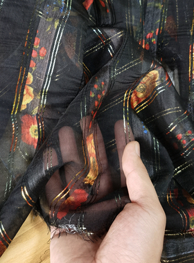 唐小路 黑色3D拼花改良中式乔其纱 10姆米 100%桑蚕丝 135门幅