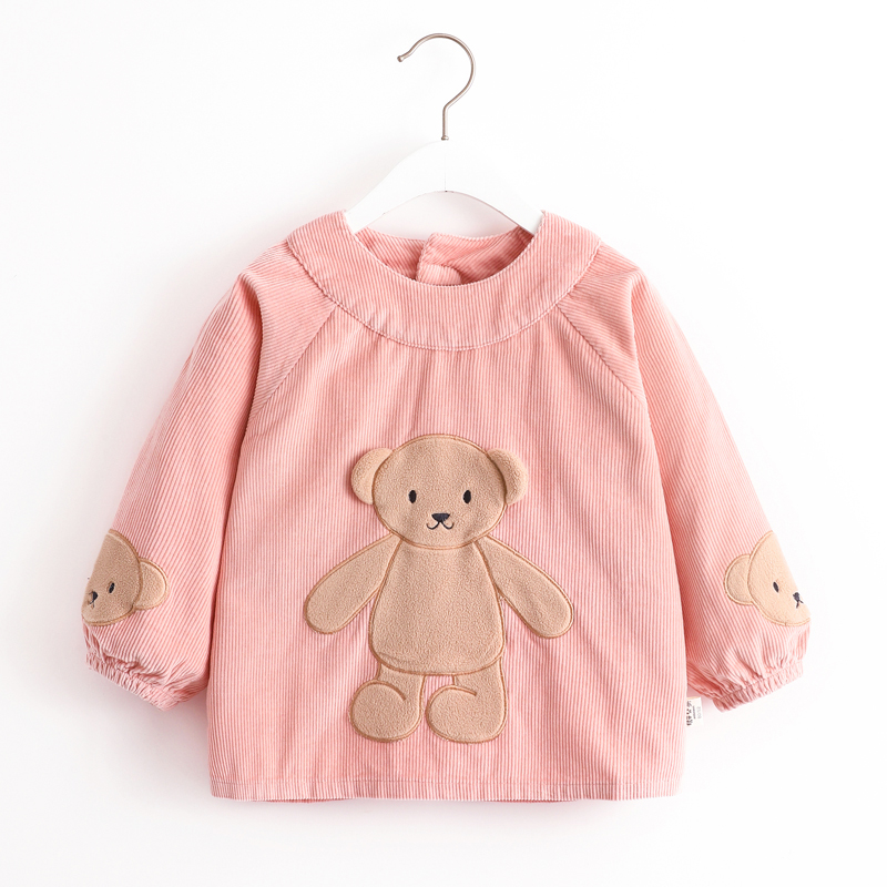 儿童罩衣纯棉灯芯绒卡通小熊幼儿园吃饭衣防水婴幼儿反穿衣秋冬款