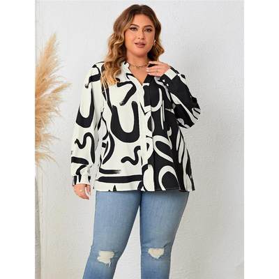 Plus Size Casual Women Top Lantern Sleeve Printed Blouse