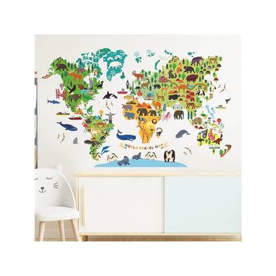 Animals World Map Wall Stickers for Boys Children Bedroom