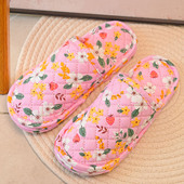 碎花布底地板拖鞋 静音无声三层厚软底居家室内包头棉拖鞋 男女秋冬