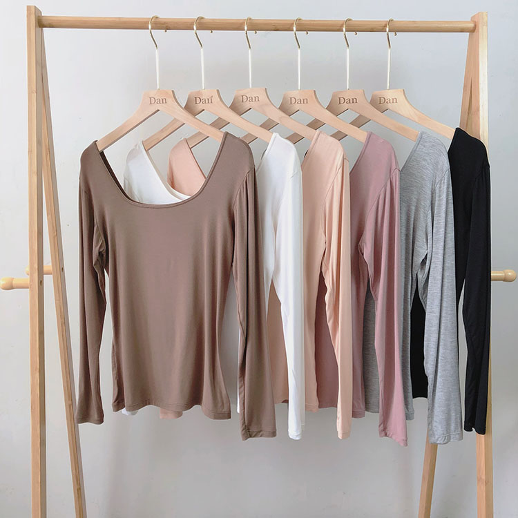 莫代尔大领口薄款贴身长袖内衣女圆领上衣紧身t恤内搭秋衣打底衫