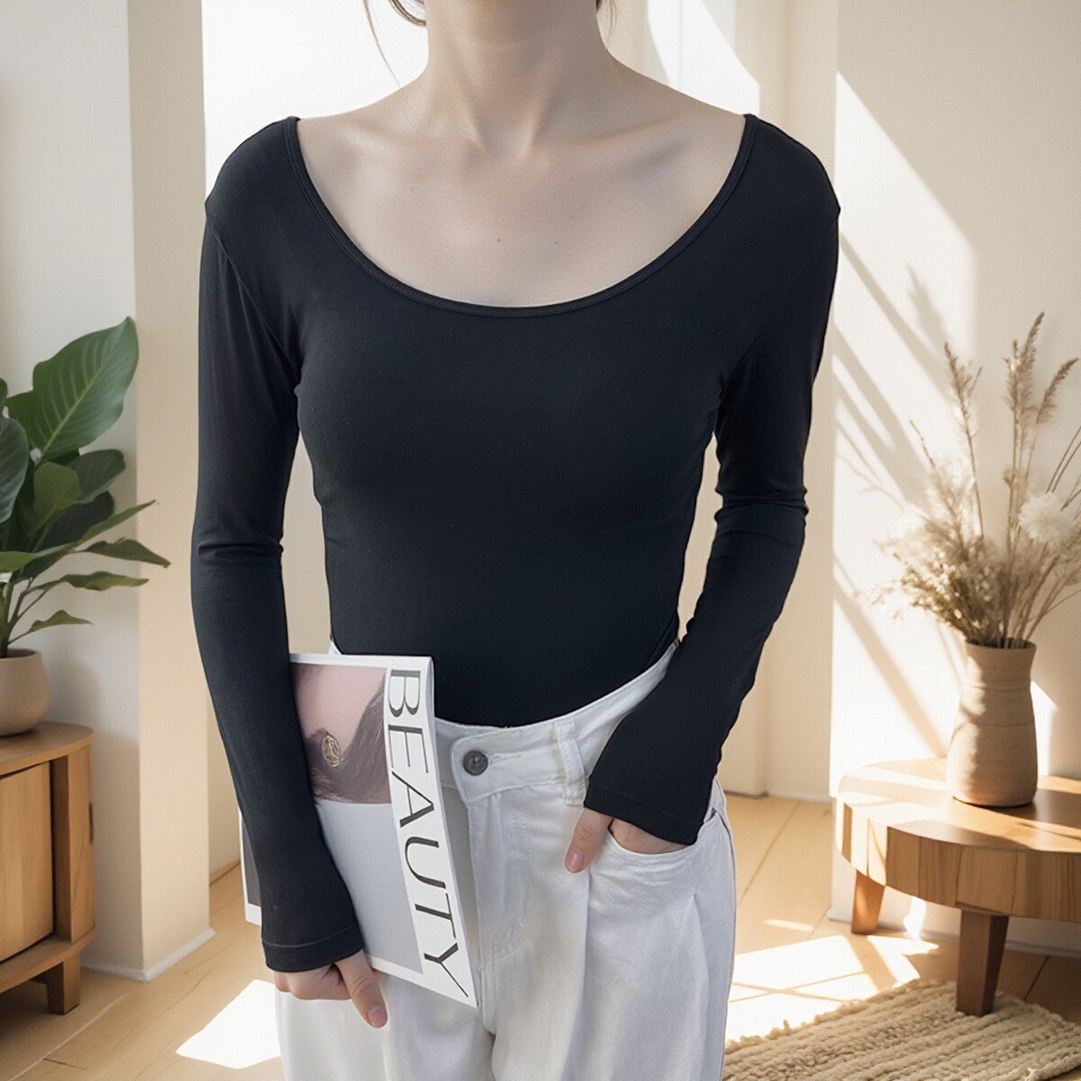 莫代尔黑色低领打底衫女春秋