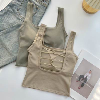 美背带胸垫方领短款交叉露背