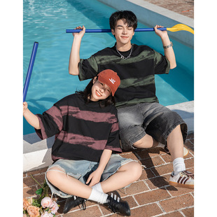 黑绿紫色美式复古仿扎染撞色拼色粗条纹短袖T恤男潮宽松字母刺绣