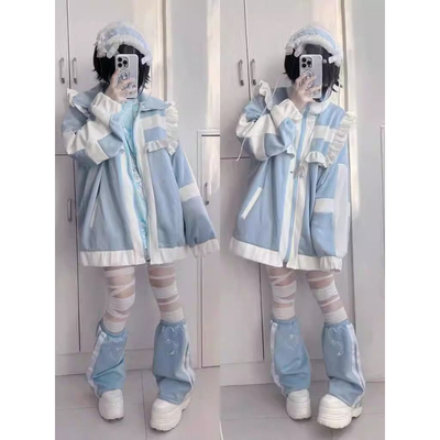 软妹加绒加厚设计感立领卫衣女日系秋冬季宽松二次元拼接开衫外套