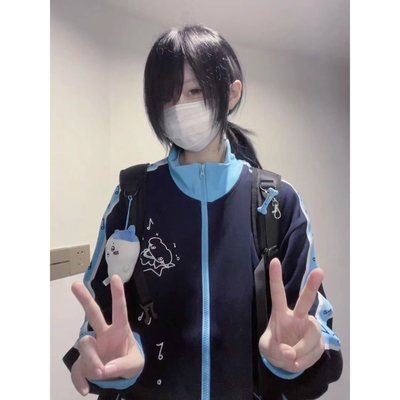 亚萌感软妹加绒加厚小狗刺绣立领卫衣女秋冬日系撞色宽松开衫外套