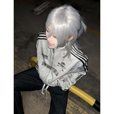 秋冬加绒加厚亚文化立领卫衣女做旧骷髅印花宽松情侣拉链开衫外套