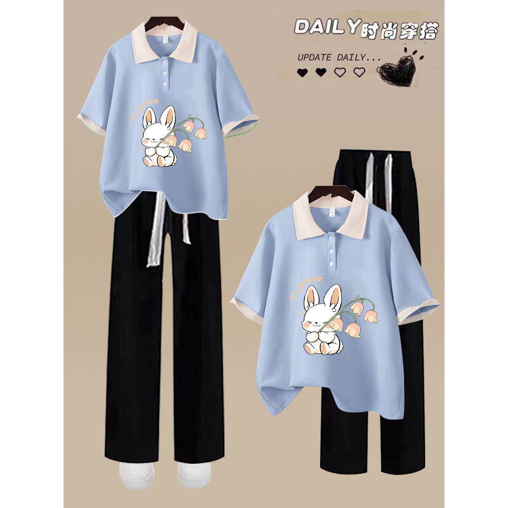 学院风休闲运动服套装女夏季时尚拼接纯棉短袖长裤学生少女两件套