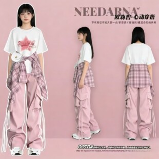 多巴胺格子衬衫短袖T恤工装裤三件套女春夏季小个子酷飒穿搭套装