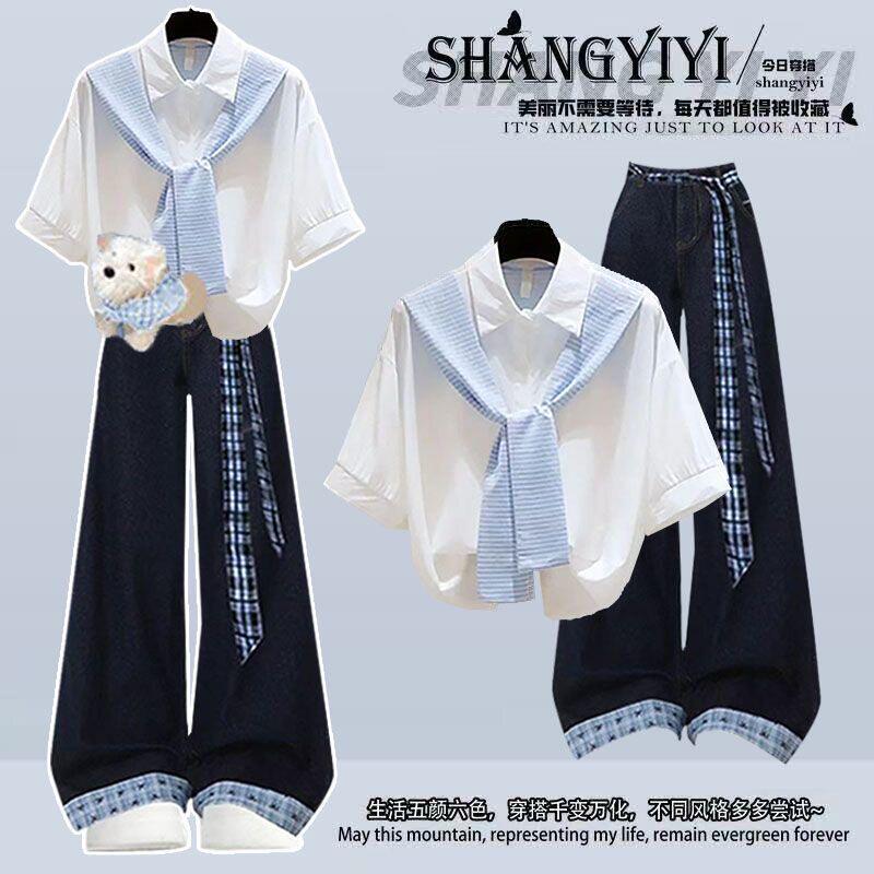 初中生少女夏装搭配短袖Polo衬衫套装学生学院风甜酷牛仔裤两件套