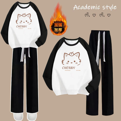 休闲运动套装女秋冬2025新款加绒加厚卫衣冬装小个子裤子两件套装