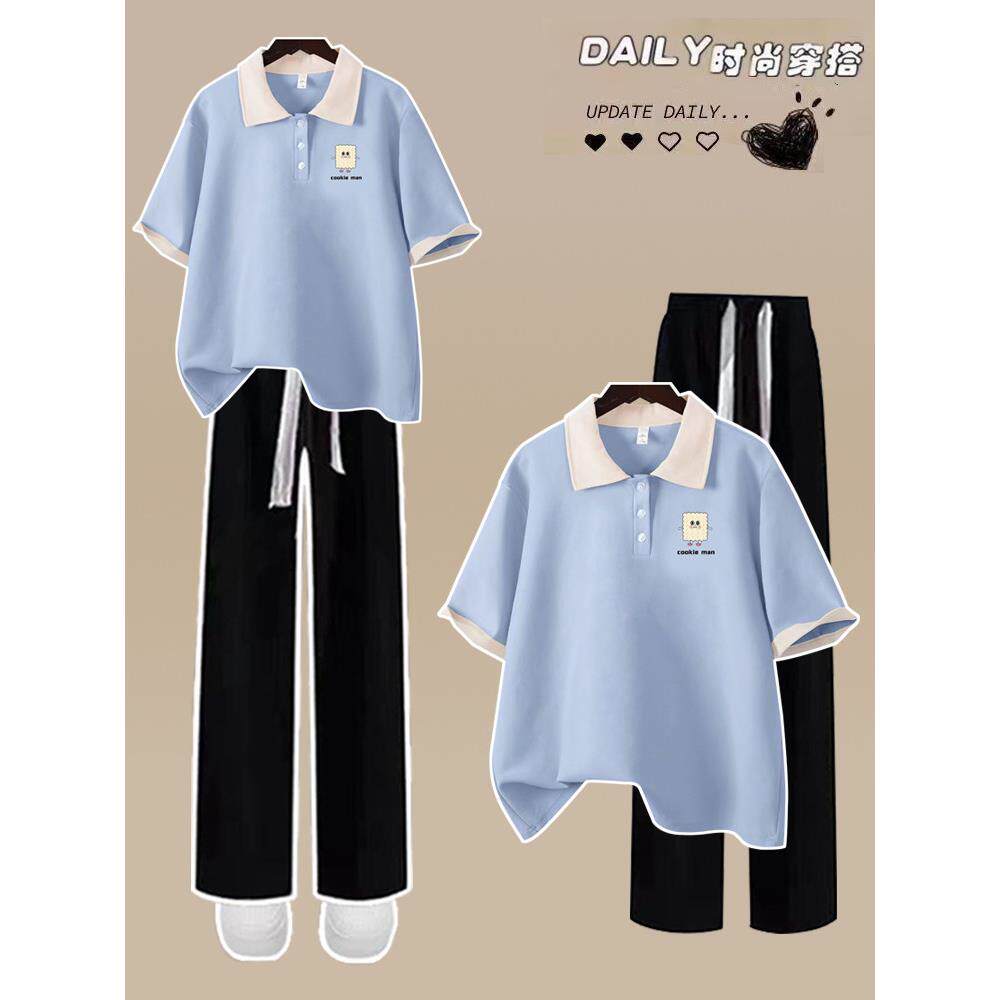 少女中学生学院风运动服套装女初中学生夏季纯棉短袖阔腿裤两件套