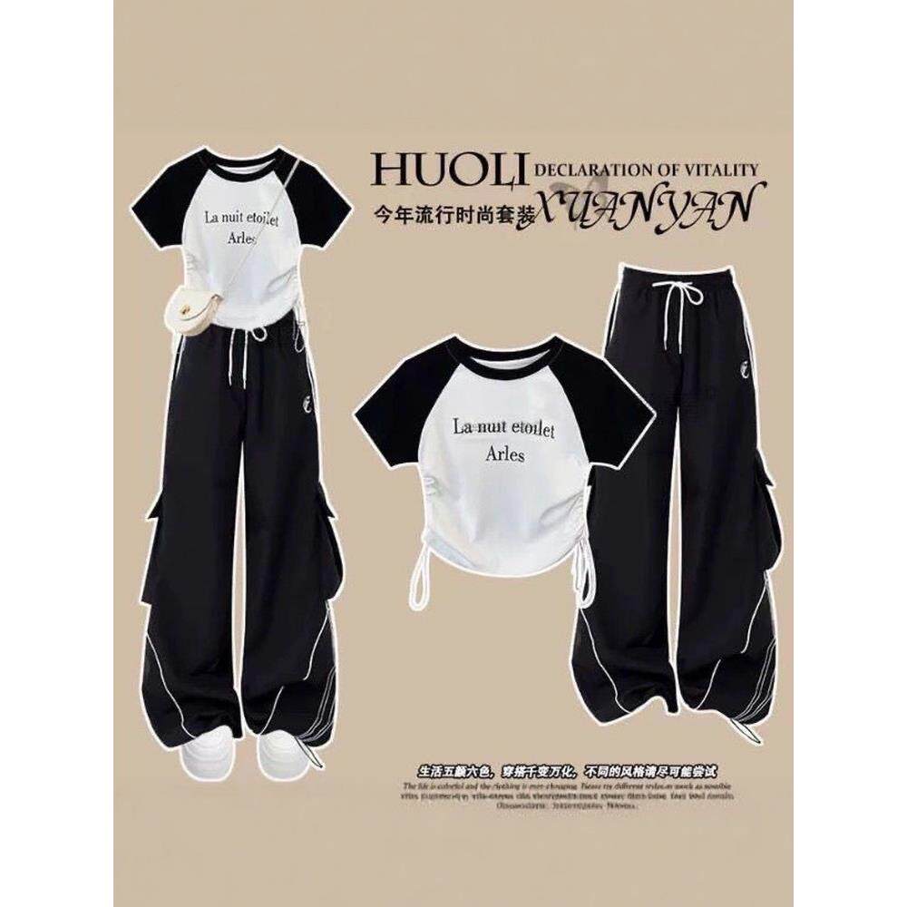 少女大童洋气套装2026夏季韩系短袖t恤帅气工装裤OOTD穿搭一整套