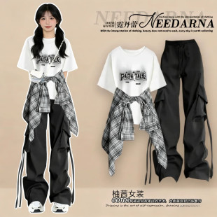 酷女孩辣妹衬衫夏日多巴胺一整套ootd穿搭又酷又飒炸街工装裤套装